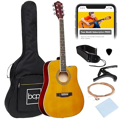 Best Choice Products 41in Beginner Acoustic Guitar Full Size All Wood Cutaway Guitar Starter Set w/Case, Strap, Capo, Strings, Picks - Aged Natural