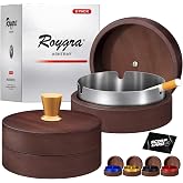 roygra Ash Tray with Lid (2 Pack), Outdoor Ashtray for Outside Patio | Smokeless Wooden & Metal Indoor Ashtrays for Cigarettes Cigars, Smoking Accessories, Portable Home Decor, Gifts for Smokers