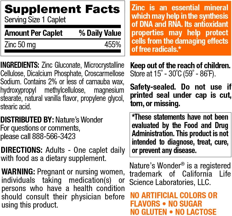 Nature's Wonder Zinc 50mg Tablets 365 Count: Health & Personal Care