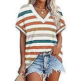 WIHOLL Womens Short Rolled Sleeve Shirts Oversized V Neck Tshirts Plus Size Summer Tops 2026 Dressy Casual Blouses S-4XL