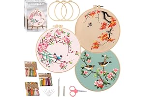 Ohcol 3 Pack Bird Embroidery Kits,Cross Stitch Kits Needlepoint Kits for Adults Beginner,Needle Point Kits with Washable Pre-Printed Pattern,3 Hoops,Women's Handcrafts