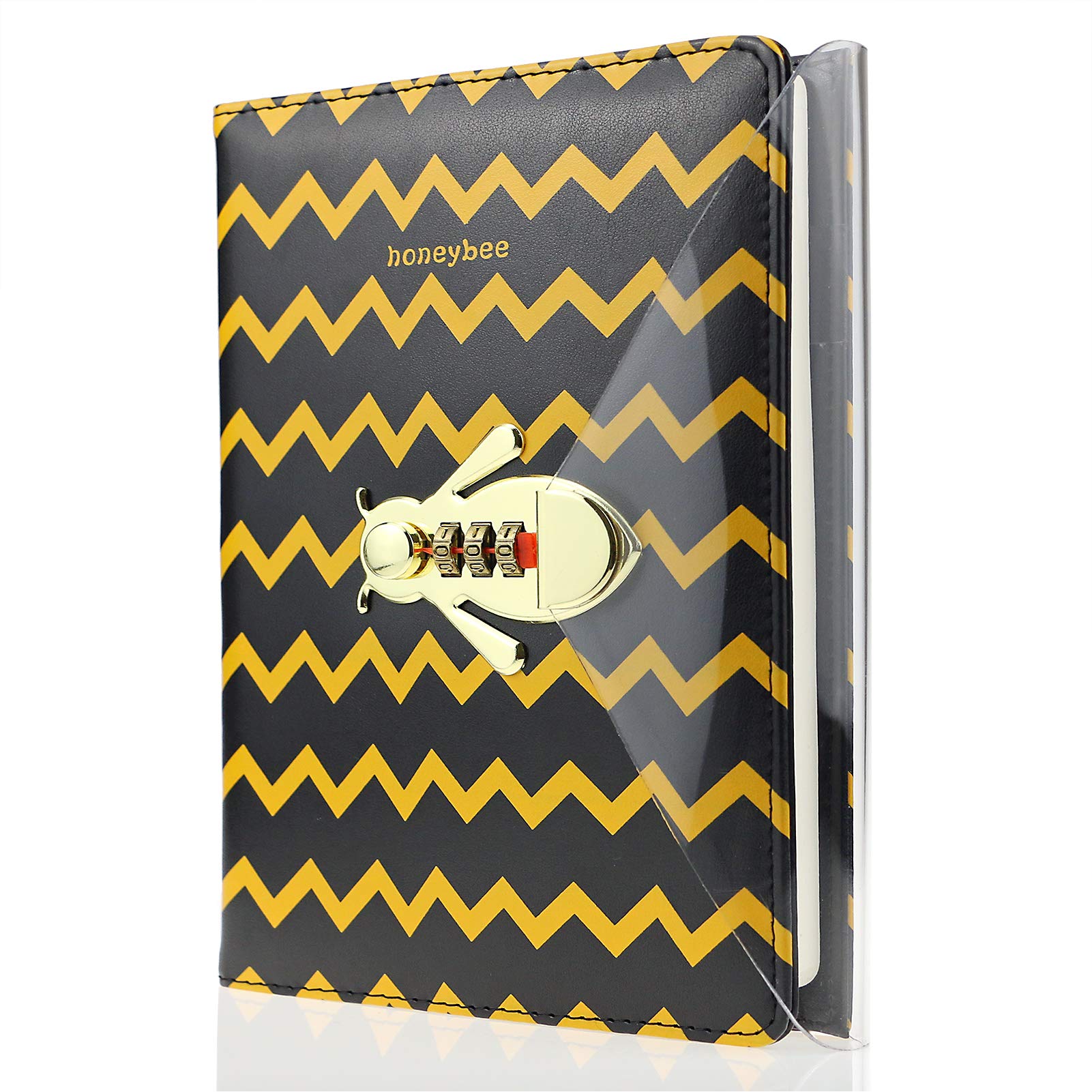Mazeran Bee Shaped Combination Lock Journal, Hard Cover Notebook Cute Diary, Thick A5 Lined Password Locking Personal Planner Secret Organizer