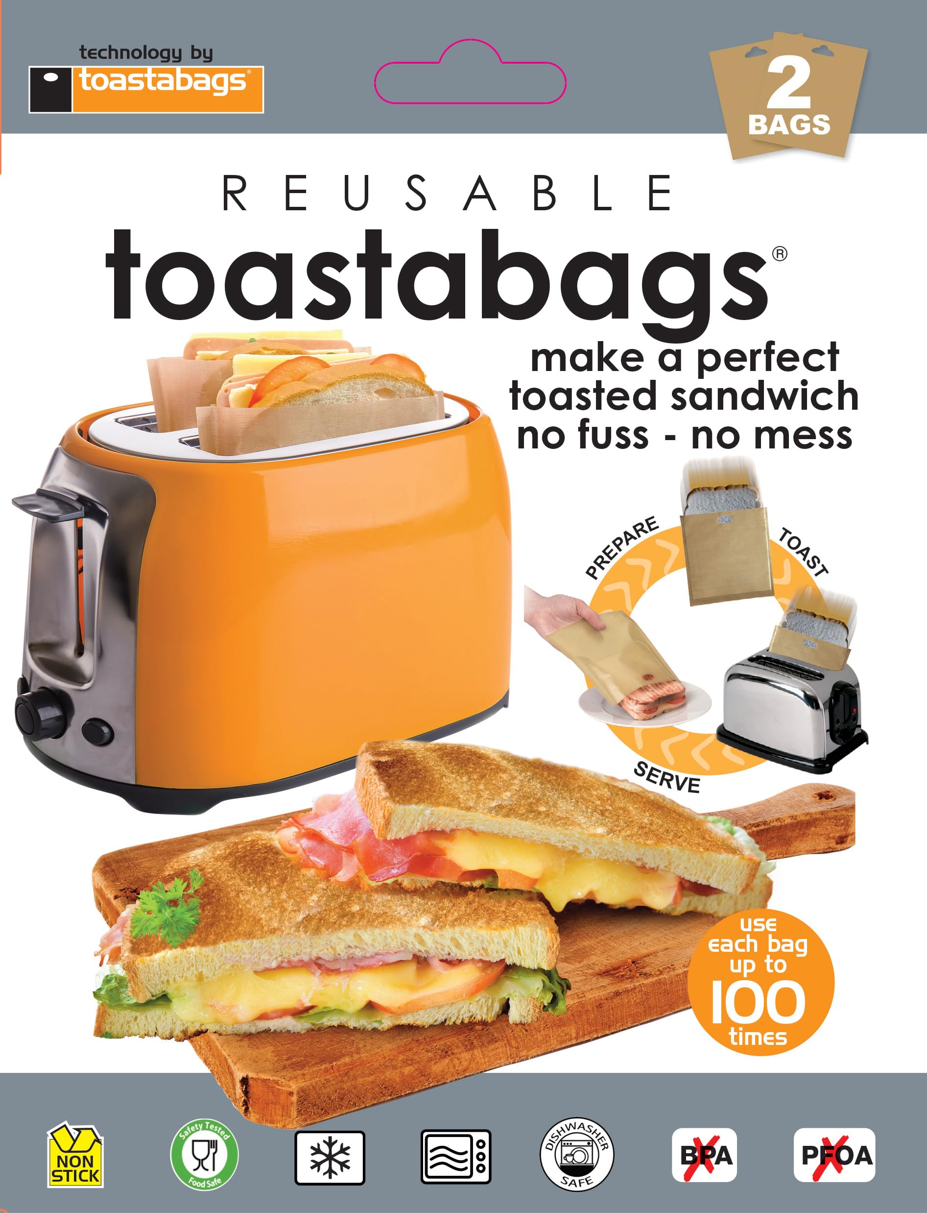 toastabags 100 use. Pack of 2. Perfect toasted sandwiches in your toaster. No mess, No Stress