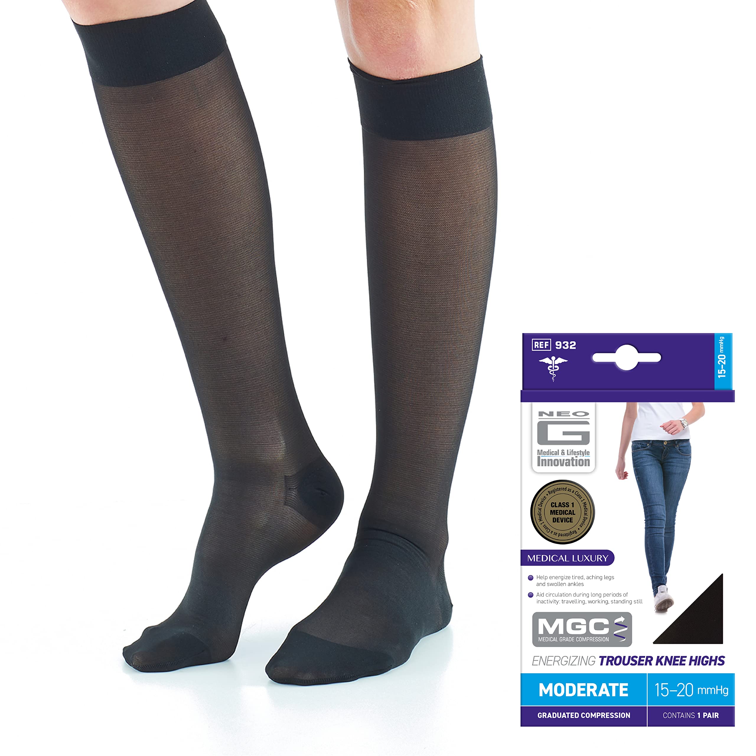 Neo G Energizing Compression Socks for Women Circulation - for spider or varicose veins, swollen legs, feet, ankles, tired and aching legs - Black - L