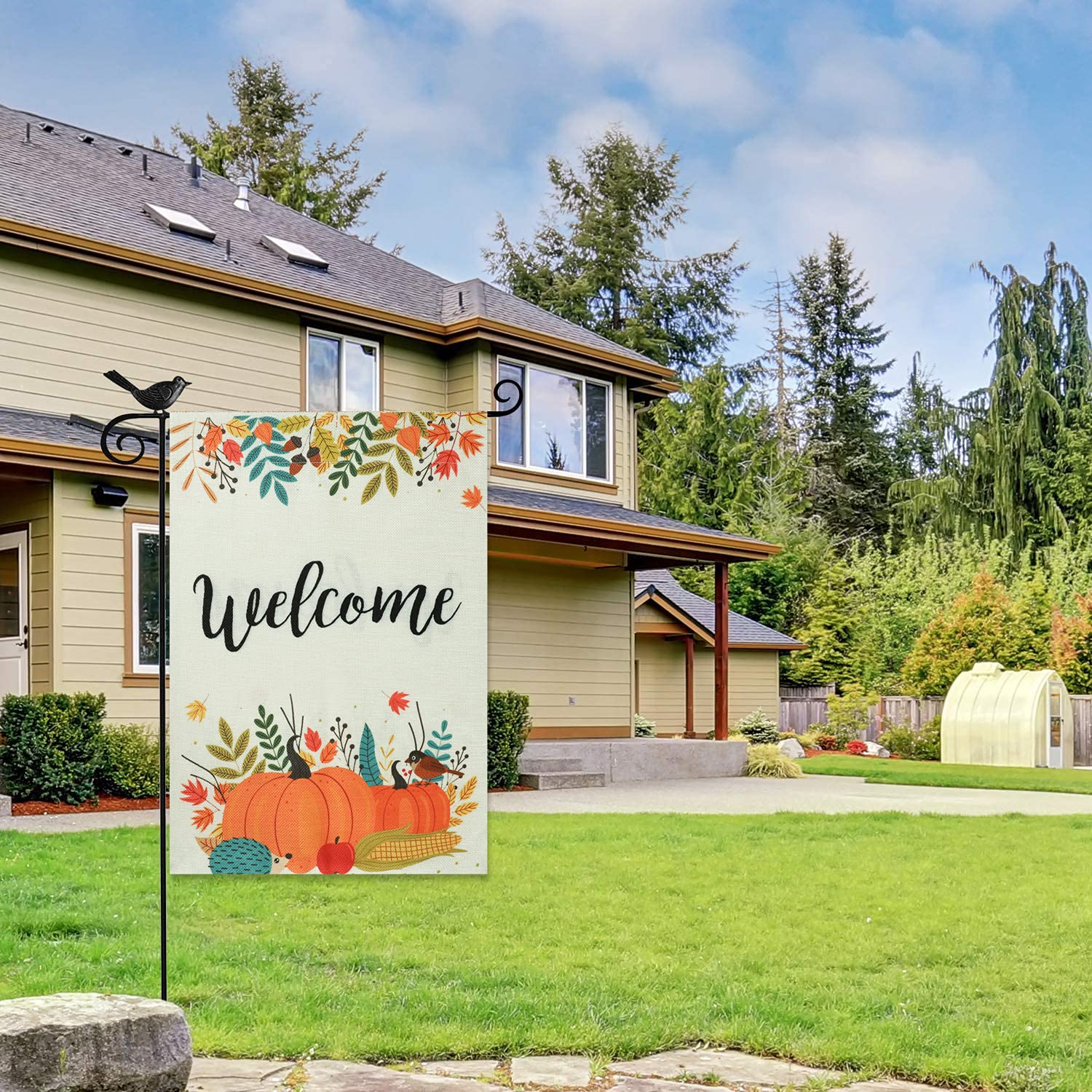 Welcome Garden Flag Fall Harvest Pumpkin Garden Flag Double Sided Burlap Decorative Flag Banner For Halloween Thanksgiving Party Garden Yard Farmhouse Lawn Outdoor Decoration 18.5x12.6inch