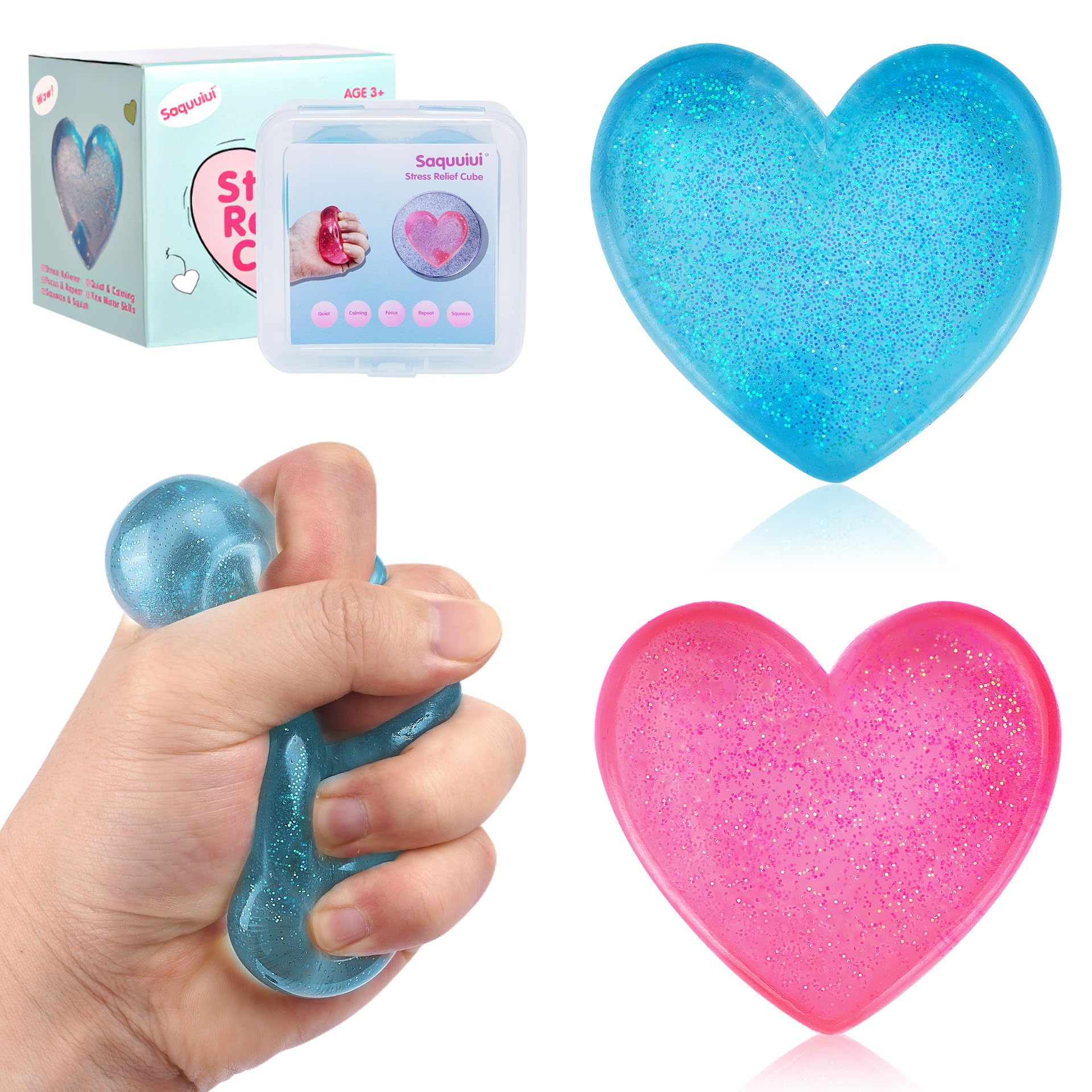 saquuiui 2-Pack Stress Cube Set: Quiet Squishy Toys for Anxiety Relief & Improve Focus, Durable, Sensory Squeeze Blocks for Adult Kid in Classroom Office Home Car (2” Wide, Blue & Pink)