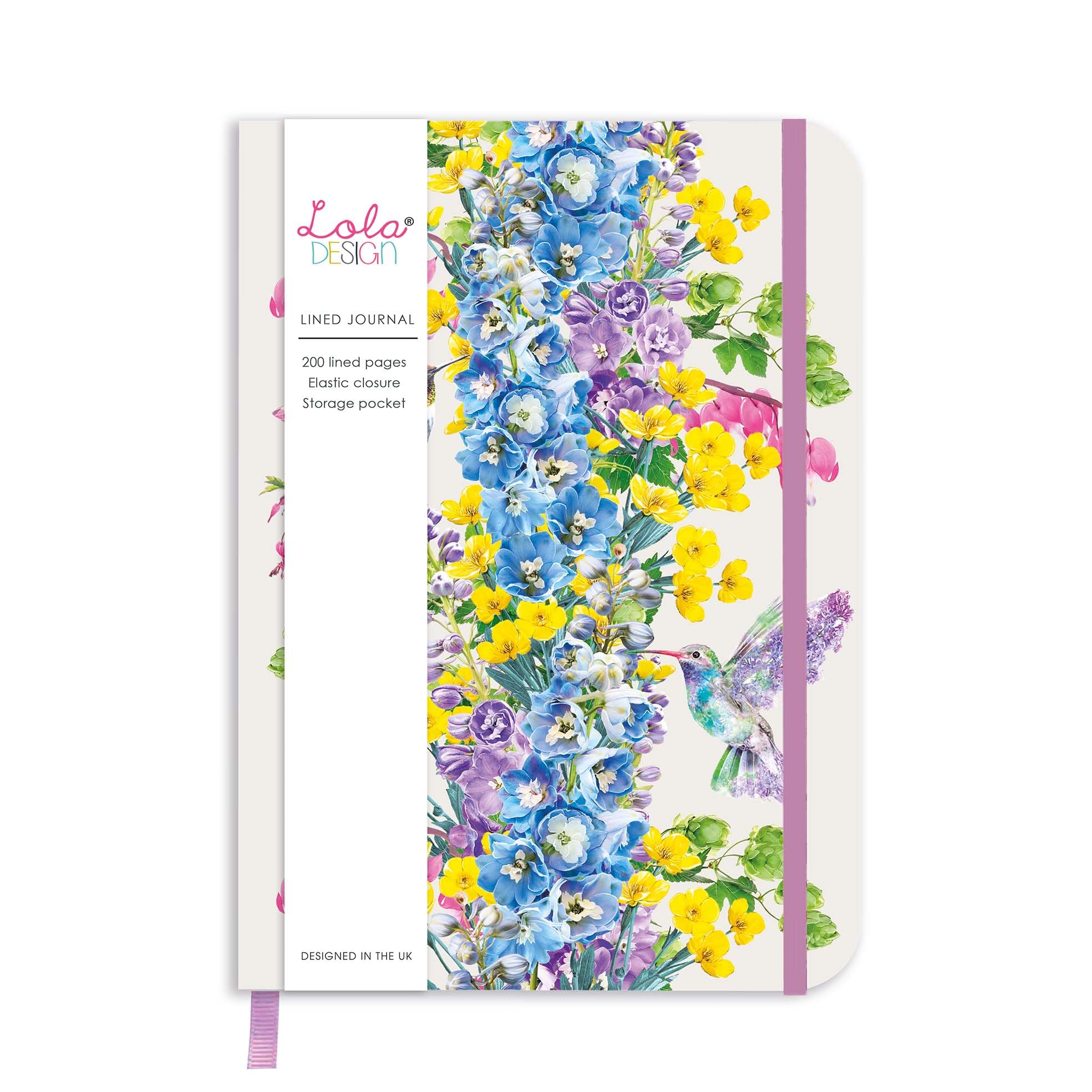 Lola Design - Hardback Journal Notebook, Hummingbird Design - Ideal for Gifting, Journaling & Travel - With Elastic Closure, Storage Pocket & Paper, Matte-finish Board Cover - 200 Lined Pages