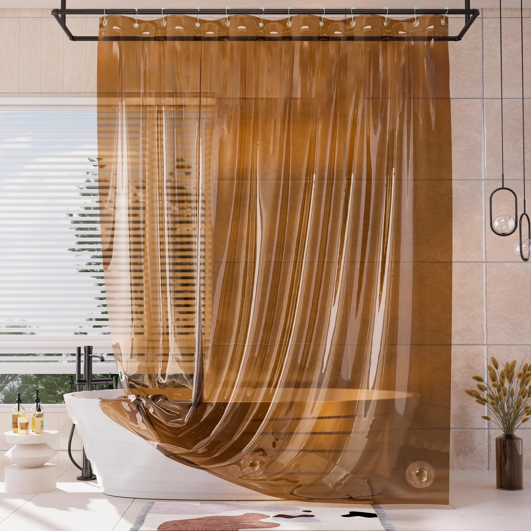 Photo 1 of AmazerBath Extra Long Shower Curtain Liner, 100% EVA Clear Amber Heavy Duty 84 inch Shower Curtain and Liner 2-in-1, 72x84 Plastic Weighted Bathroom Shower Liner, 12 Grommets & 3 Heavyweight Stones
