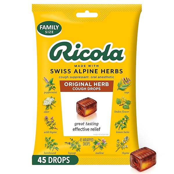 RICOLA ORIGINAL HERB COUGH DROPS, 45 COUNT, COUGH SUPPRESSANT & THROAT RELIEVING DROPS WITH NATURALLY SOURCED MENTHOL, PLEASING HERBAL TASTE FOR COUGHS & THROAT IRRITATION SYMPTOM RELIEF