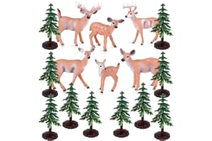 Christmas Reindeer Figurine 6PCS Realistic Deer Figure and 10PCS Miniature Christmas Trees Woodland Animals Figurines Forest 