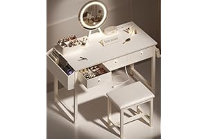 KAI-ROAD Girls Vanity Desk with Mirror and Lights Small Makeup Vanitys Set with Chair Fabric Drawers Power Outlet, Dressing Table Vanities for Kids Bedroom 40“ White