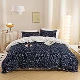 ECOCOTT Duvet Cover King, 3 Pieces 100% Natural Cotton 1 Duvet Cover +2 Pillowcases Bedding Set,Navy and Cosmic Constellation Reversible Printed Pattern Breathable and Durable Duvet Cover King Size