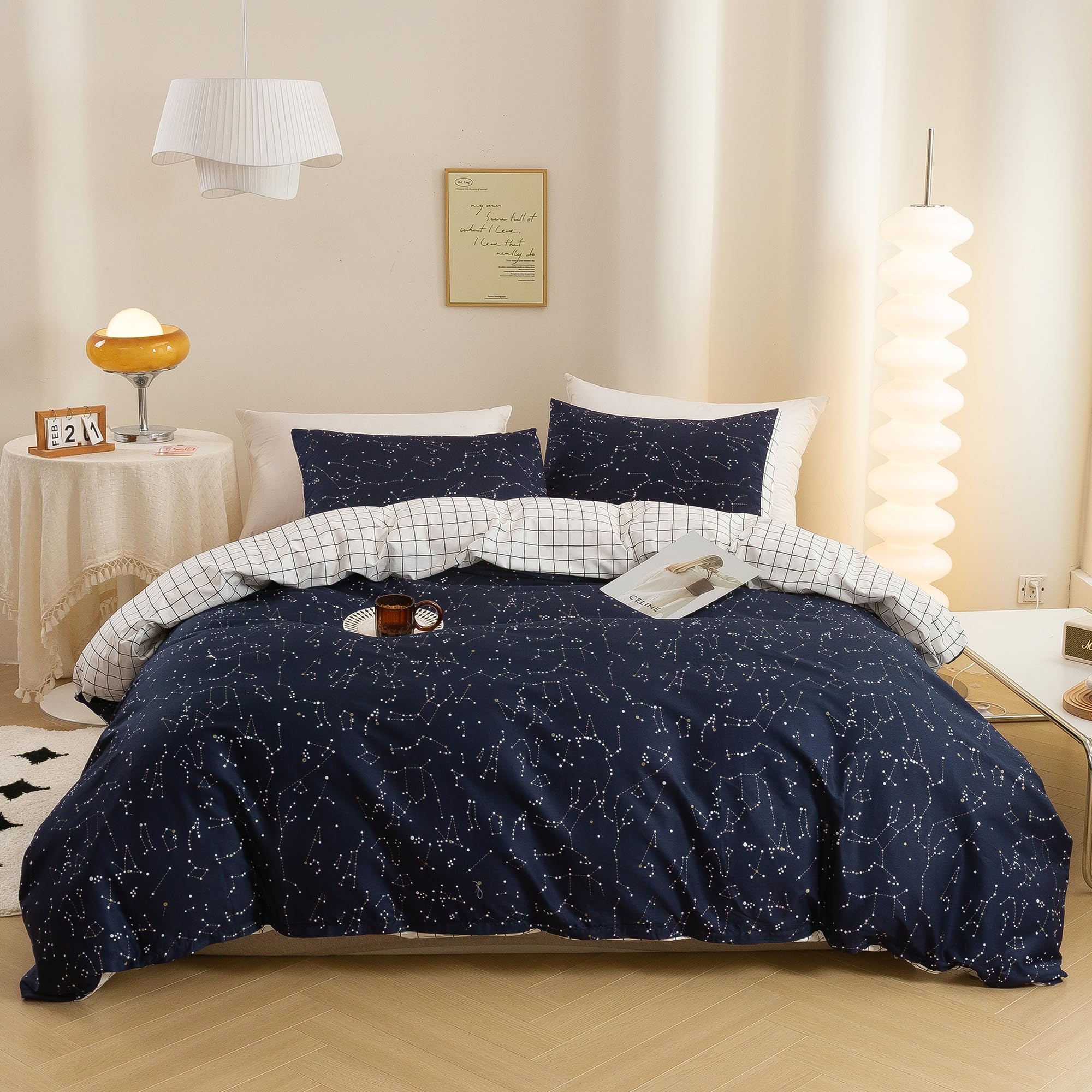 ECOCOTT Duvet Cover Queen, 100% Natural Cotton 1 Duvet Cover +2 Pillowcases Bedding Set,Navy and Cosmic Constellation Reversible Printed Pattern Soft Cozy Breathable and Durable Duvet Cover Set — image 1