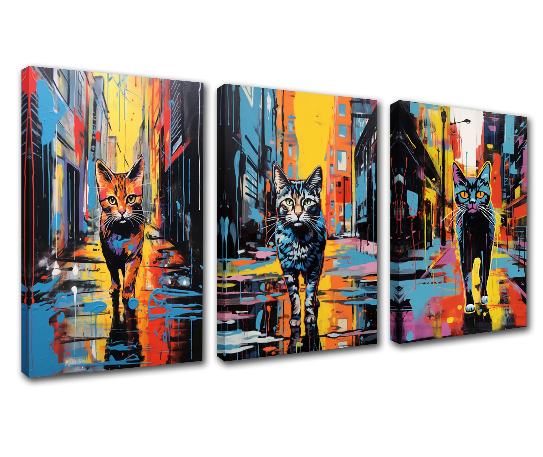 Graffiti Painting Prints Poster Watercolour Style Canvas Wall Art Cat Walking Down a Colorful Street Picture Wall Decor for Livingroom Home Decor Funny Animal Artwork Stretched Easy to Hang 42”x20”