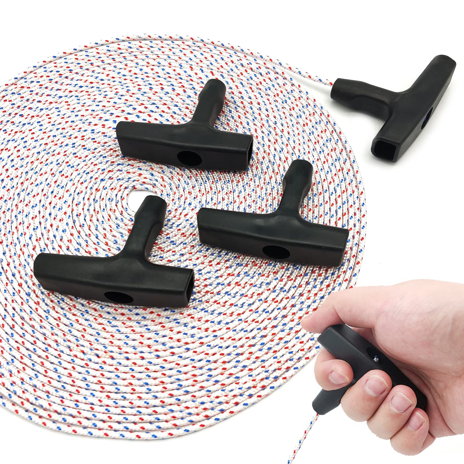 15 Meters 3.0mm Recoil Starter Rope Pull Cord, Lawn Mower Pull Cord with 4 Black Recoil Starter Handle for Trimmer Lawn Mower Chainsaw Brush Cutter Edger Engine Universal