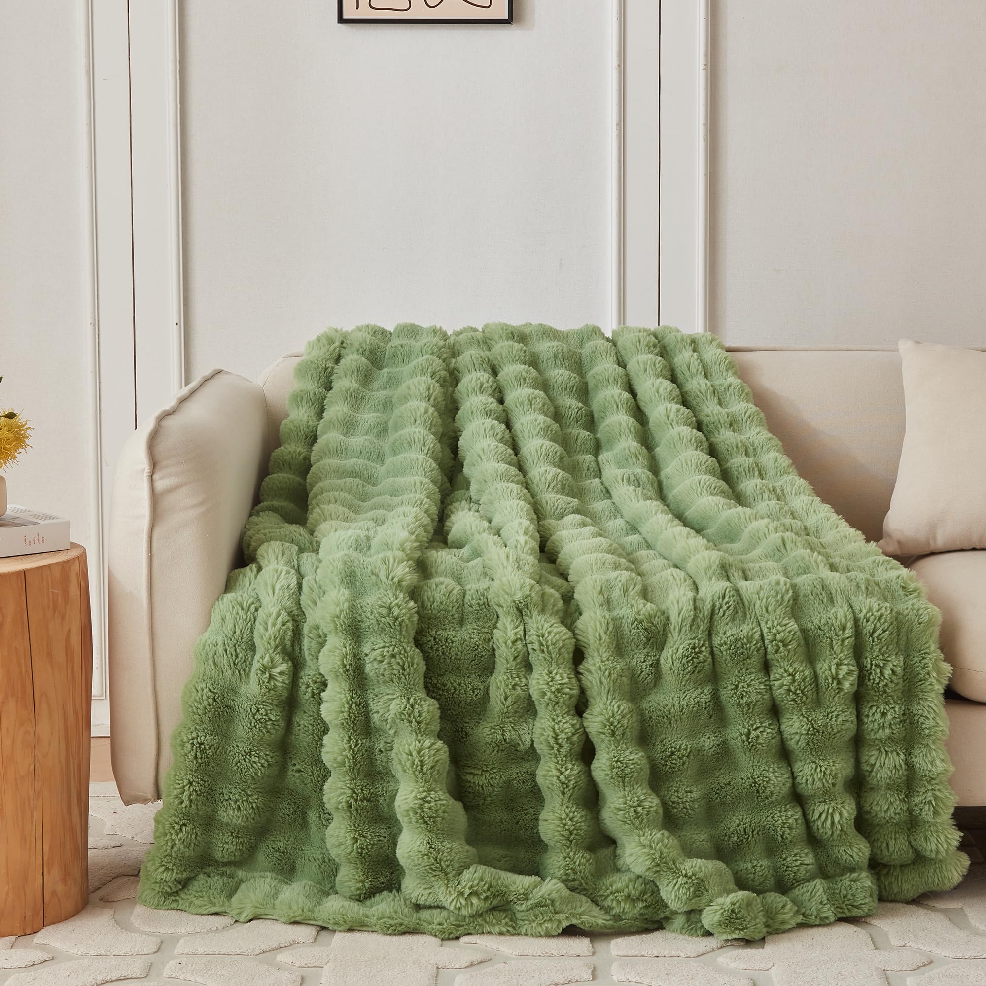 COOVA Faux Fur Throw Blanket for Couch, Cozy Soft and Fuzzy Plush Rabbit Fur Bubble Blanket for Sofa Bedroom Living Room, 60x80 Inches Light Green Image