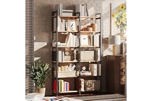 Nordivale 6-Tier Double Wide Bookshelf, Industrial Wood & Metal Storage Shelves, Tall Bookcase for Home Office, Living Room &
