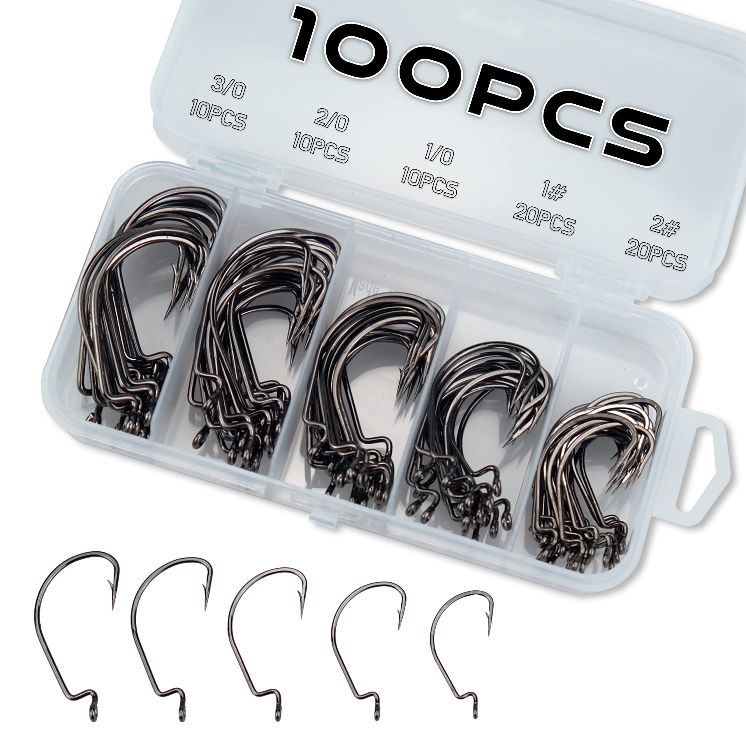 Piscorush Offset Worm Jig Hooks Bass Fishing Hooks 3X-Strong High Carbon Steel Worm Hooks Soft Lure Baits Jigging Fish Hooks Bass Trout (Set A - 2# 1# 1/0 2/0 3/0 100Pcs)