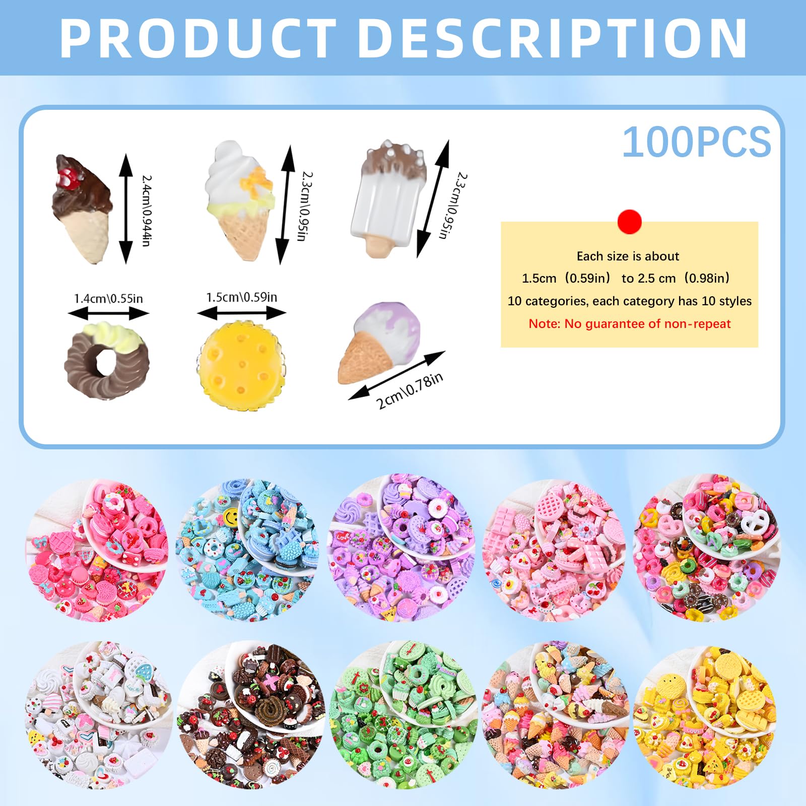100 pcs Assorted Slime Charms, BOSOIRSOU Cute Candy Sweet Fruits Donut Charms Ornaments Flatback Resin Cabochons for Craft Making Ornament Scrapbooking DIY Crafts Beads Making Supplies - Random Style