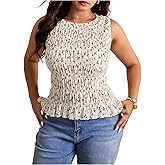 SHENHE Women's Plus Size Sleeveless Floral Blouse Smocked Ruffle Hem Boho Tank Dressy Casual Top