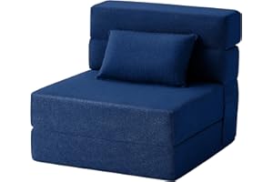 FILUXE Convertible Folding Sofa Bed - Sleeper Chair with Pillow, Modern Linen Fabric Floor & Futon Couch, Foldable Mattress for Living Room/Dorm/Guest Use/Home Office/Apartment, Single Size, Navy Blue
