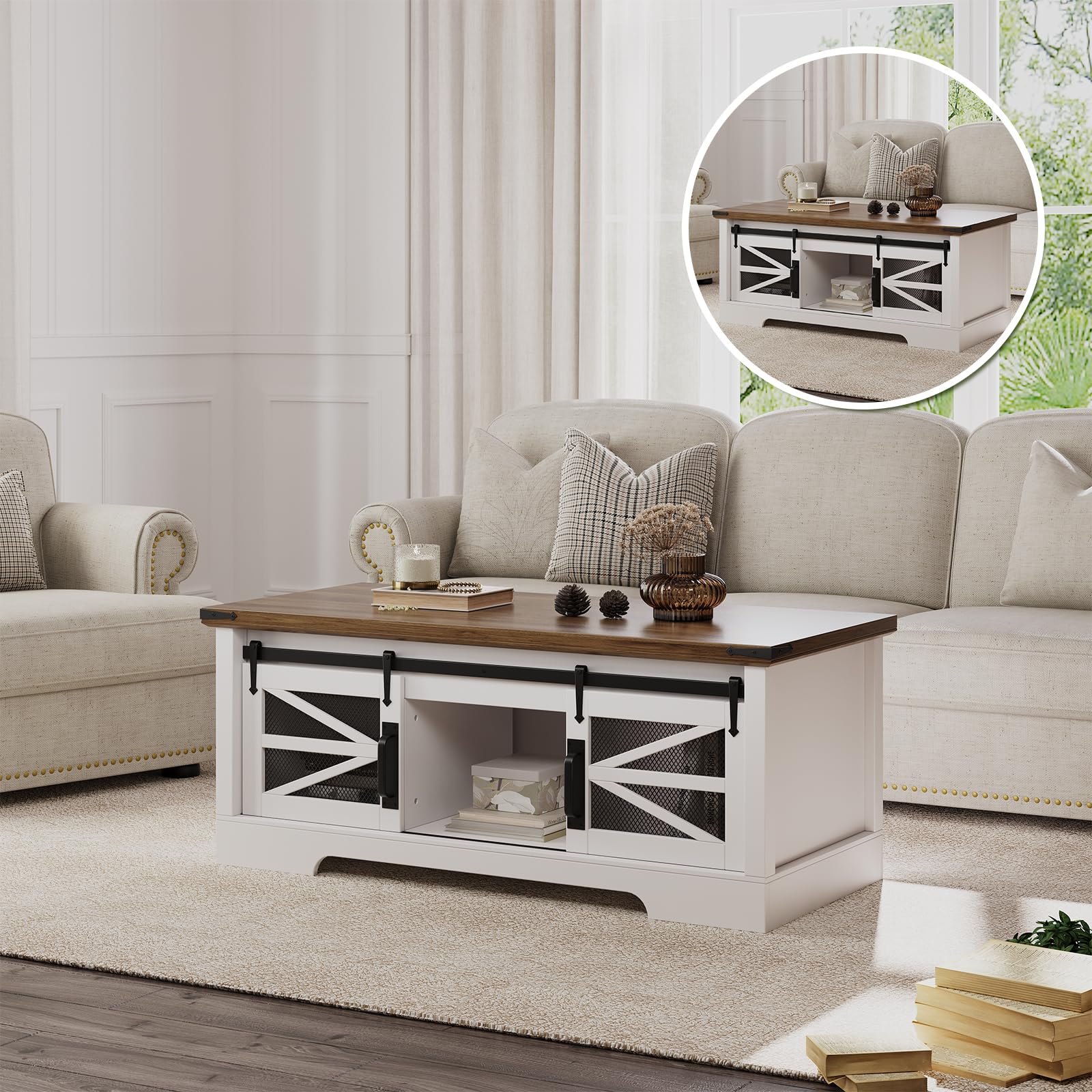 Photo 1 of ***MISSING PARTS***
47.2" Lift Top Coffee Table, Multifunctional Table with Sliding Barn Door, Hidden Storage Compartment, Lifting Tabletop, Adjustable Shelf, Rustic Farmhouse Center Table for Dining and Living Spaces