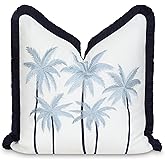 Hofdeco Premium Coastal Patio Indoor Outdoor Throw Pillow Cover Only, 20"x20" Water Repellent for Backyard, Couch, Baby Blue Embroidered Coconut Tree with Fringe