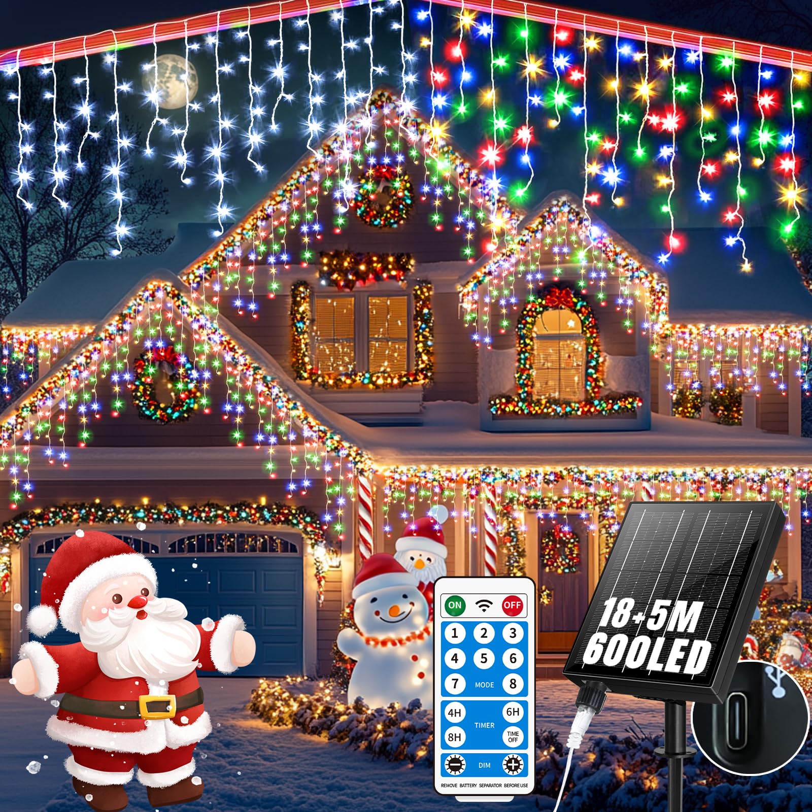 RJEDL Outdoor Solar Christmas Icicle Lights 18+5m/75.5ft 600 Led Icicle String Lights with USB Port & Remote Control Solar Hanging Lights Waterproof for Outside Backyard Balcony Decor