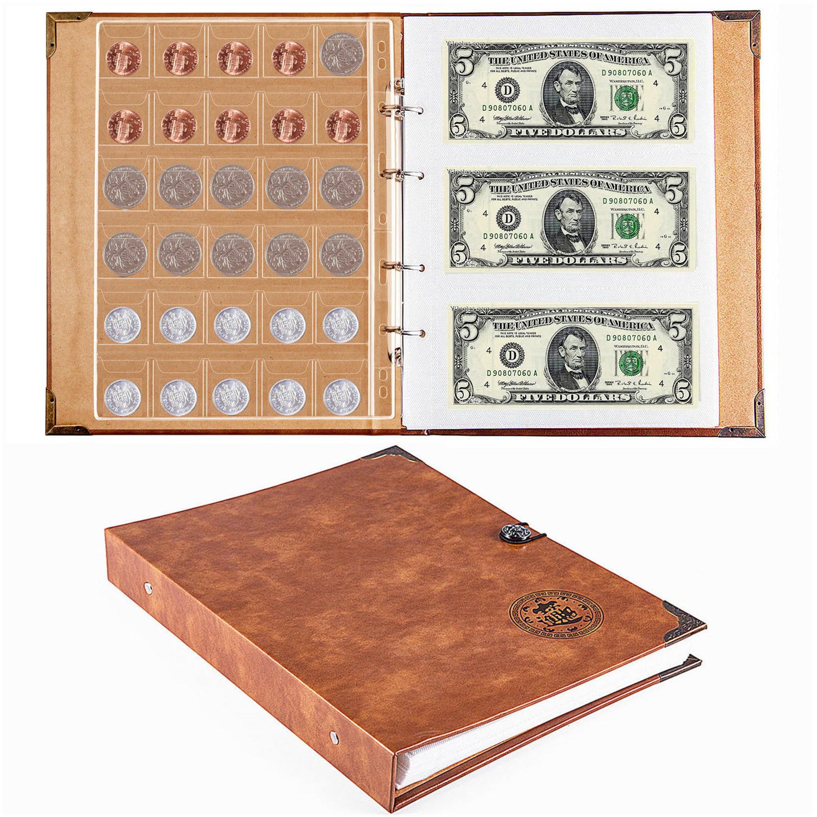 Ettonsun Leather 150 Pockets Coin Collecting Holder Album, 240 Pockets Paper Money Currency Collection Supplies Holders, Large Storage Book for Collectors (Album with Coin & Currency Pages)