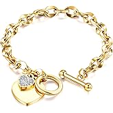 KristLand Women's Toggle Charm Bracelet, Dainty 18k Gold Plated Heart Bracelet Link Hand Chain Birthday Gift for Friends Friend