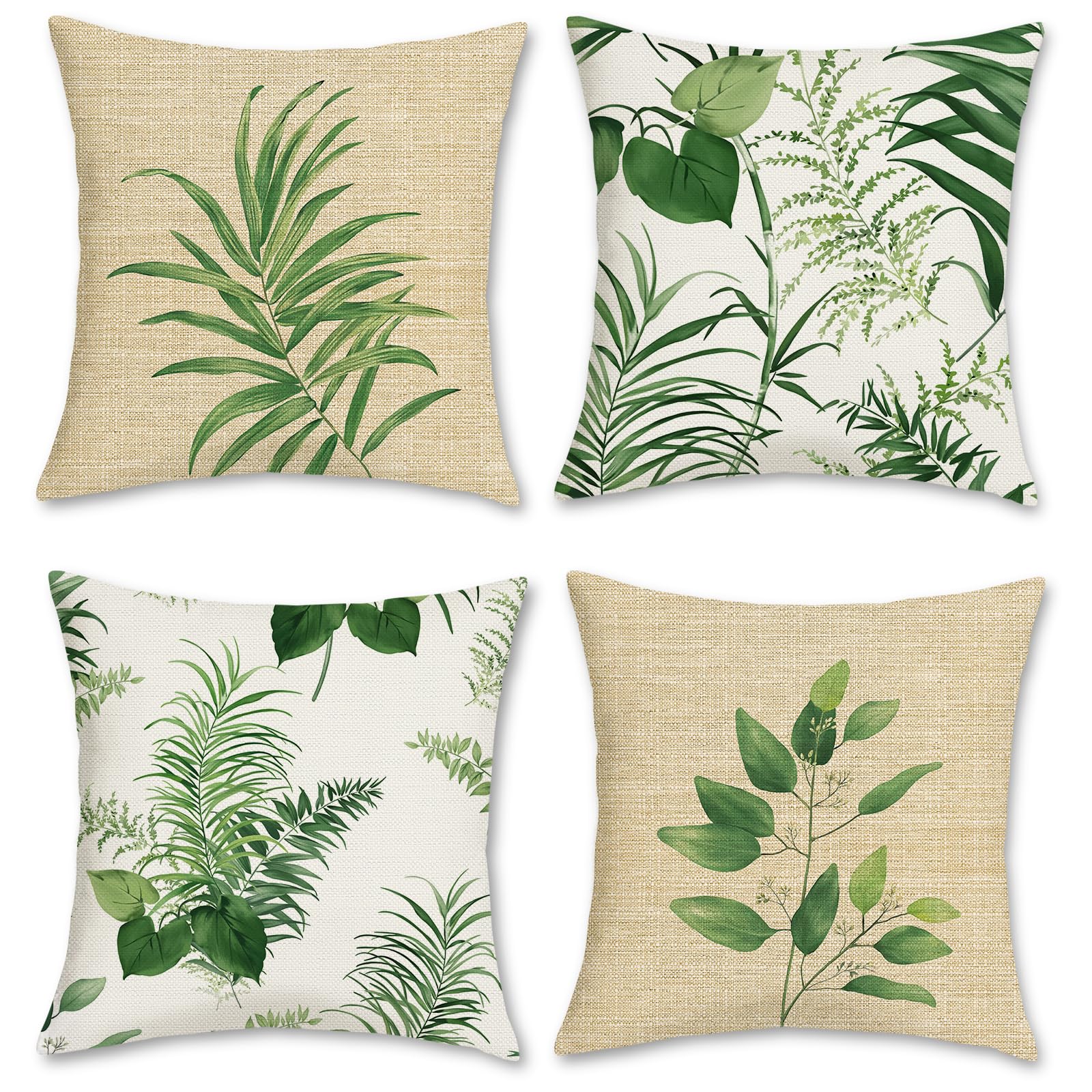 Bonhause Green Leaves Cushion Covers 45 x 45 cm Double Sided Leaf Plants Spring Decorative Throw Pillow Covers for Sofa Patio Garden Outdoor Decor Set of 4