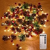 Pechfun Christmas Garland with Lights, 9.8 Ft 60 LED Red Berry Pine Cone Battery Operated Christmas Garland with 8 Modes Remote for Fireplace Stairs Table Door Wall Xmas Tree Indoor/Outdoor Decor