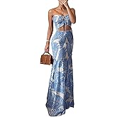 CHICME Floral Printed Prom Dress Tie Ruched Shirred Bandeau Party Dress Slim Fit Ruffle Hem Vacation Dresses