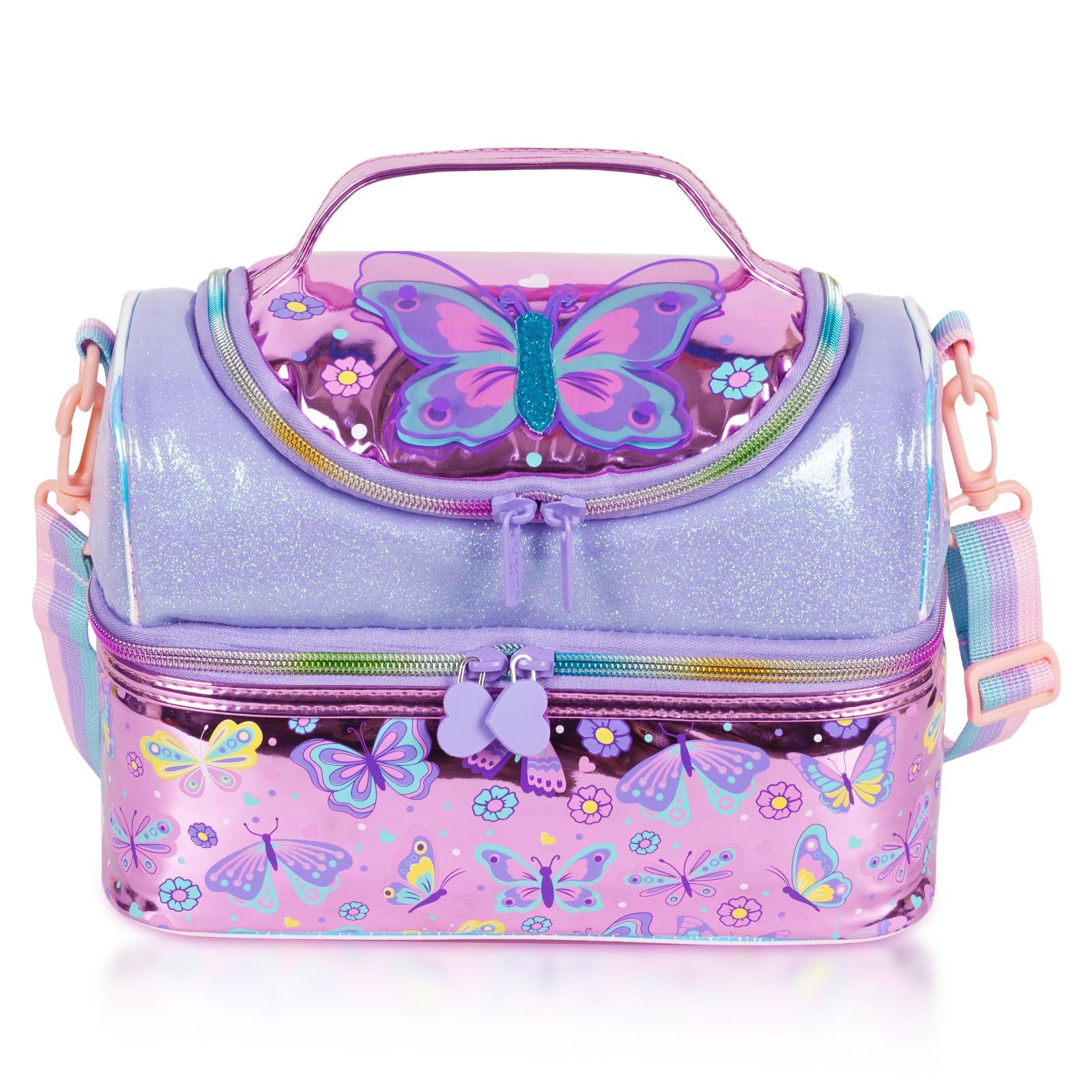 PinkSheep Kids Lunch Bag, Double Decker Cooler Insulated Lunch Bag, Back to School Gift Large Tote for Boys, Girls, Men, Women, with Adjustable Strap (Purple Butterfly)