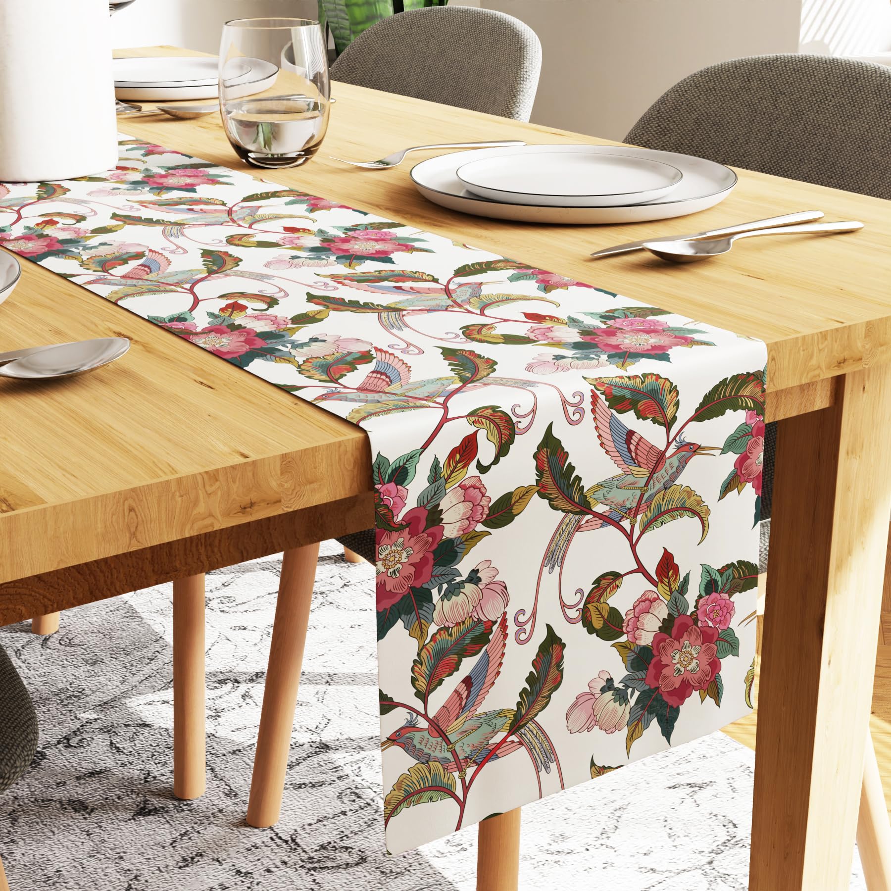 Encasa XO Dining Table Runner for 4 seater - Water Repellent - Polyester Printed Twill Fabric - Size 32x150 cm - Decorative cloth for center and coffee table - Washable - Durable - Chintz Red