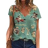 TOAOSET Women's Western Shirt Casual Cactus V-Neck T-Shirt Cowgirl Western Pattern Short Sleeve Loose Ladies Western Tops