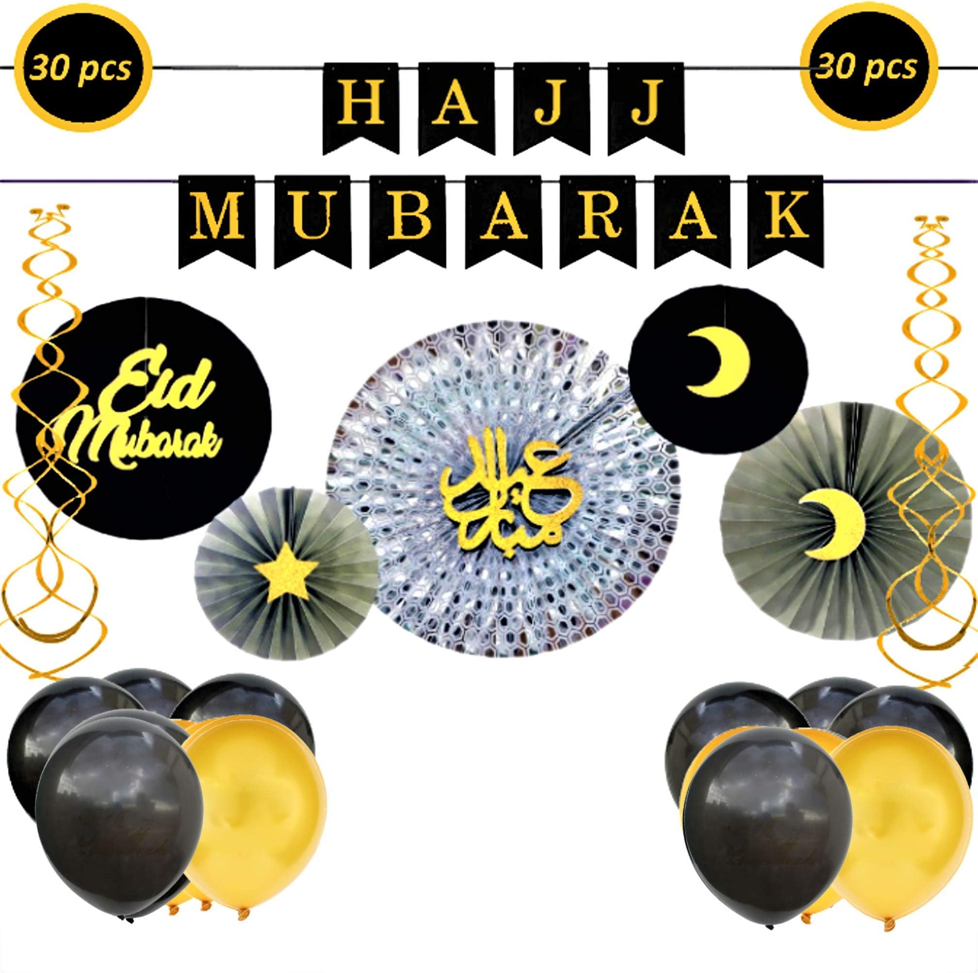30 Pc Hajj Mubarak and Eid Mubarak Decoration Kit - Hajj MubarakBanner & Balloons, Gold and Black Latex Balloons, Beautiful Eid Mubarak Black & Gold Paper Fans with Glitter Gold Cut Outs