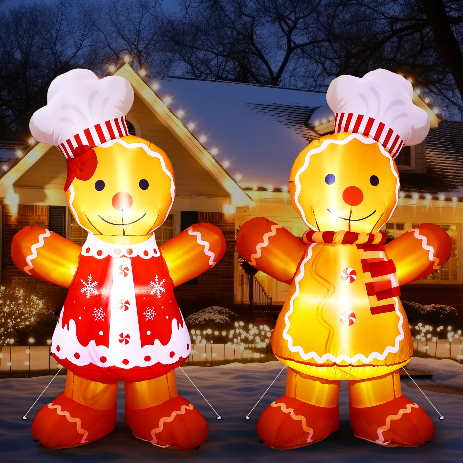 Photo 1 of Ceenna 2 Pcs 5 FT Gingerbread Inflatables Christmas Decorations Blow up Gingerbread Chef Couple with Built-in LEDs for Xmas Front Door Outdoor Yard Lawn Garden Party