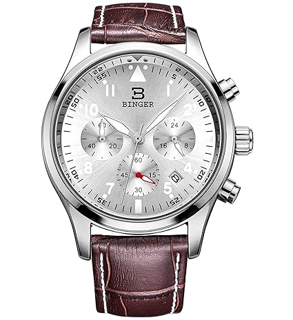 Mens Date Unisex Sports Chronograph Watches Stopwatch 24 Hour Luminous Numeral Brown Leather Strap