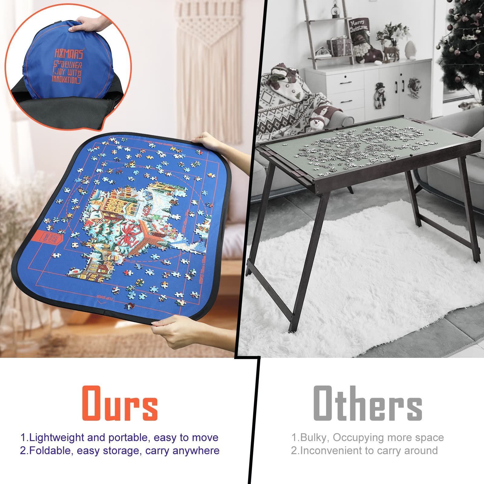 HXMARS Foldable Jigsaw Puzzle Board: Large Portable 1000 Pieces Puzzle Mat, Puzzle Storage Saver to 500 & 1000 Pieces with Storage Bag(Blue & Black)