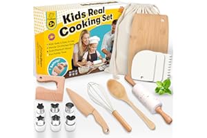 FLYBEAN Wooden Safe Real Cooking Tool Set for Kids Toddler Teen – Montessori Kitchen Accessories & Utensils for Little Chef, with Children Proof Knife & Baking Kit, Youth Friendly Culinary Kit for Girl & Boy