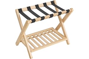 SONGMICS Solid Wood Luggage Rack, No Assembly Required, Foldable Suitcase Stand, Luggage Holder, with Storage Shelf, for Gues