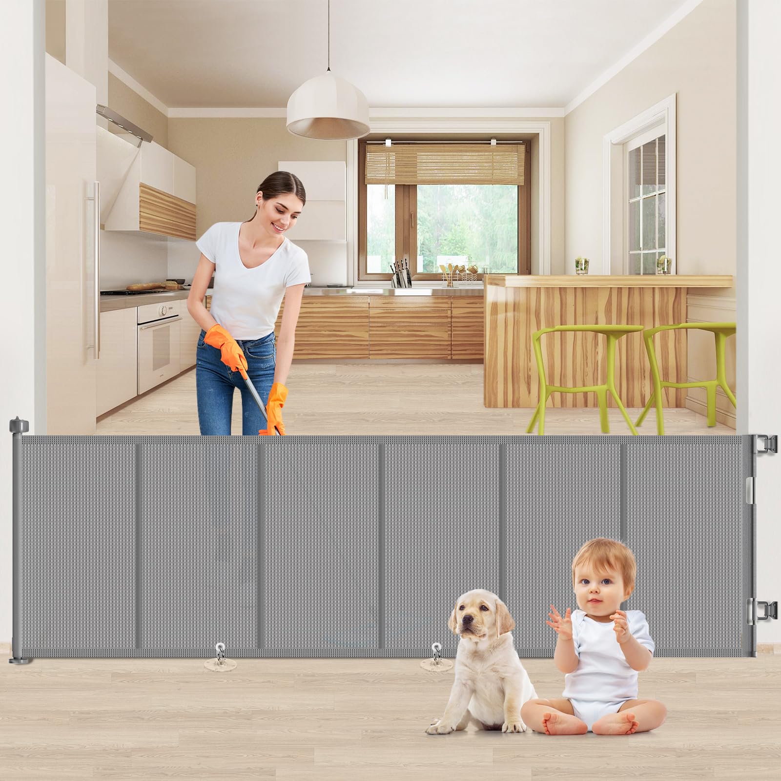 Photo 1 of Upgrade 120 inch Retractable Baby Gates, EZIGO Extra Wide Baby Gate for Large Opening Extra Long Mesh Gate for Kids or Pet Dog Gate Child Safety Gate for Stairs Hallways Doorway Indoor Outdoor, Gray