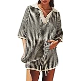 Dokuritu Womens Short Sets 3/4 Sleeve Striped Oversized Sweater Set Casual V Neck Knit Tops High Waisted Shorts Two Piece Set