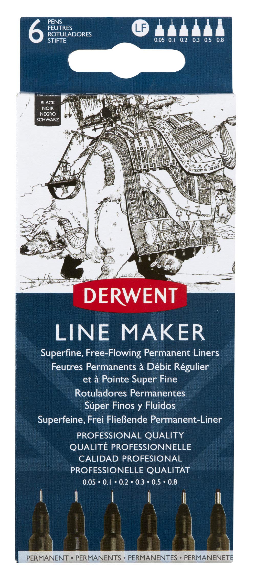 Derwent Black Line Maker Pens, Set of 6, Fine Liners, Mixed Nib Size, Fast-Drying Ink, Ideal for Sketching, Writing, Illustrating and Colouring, Professional Quality, 2305559