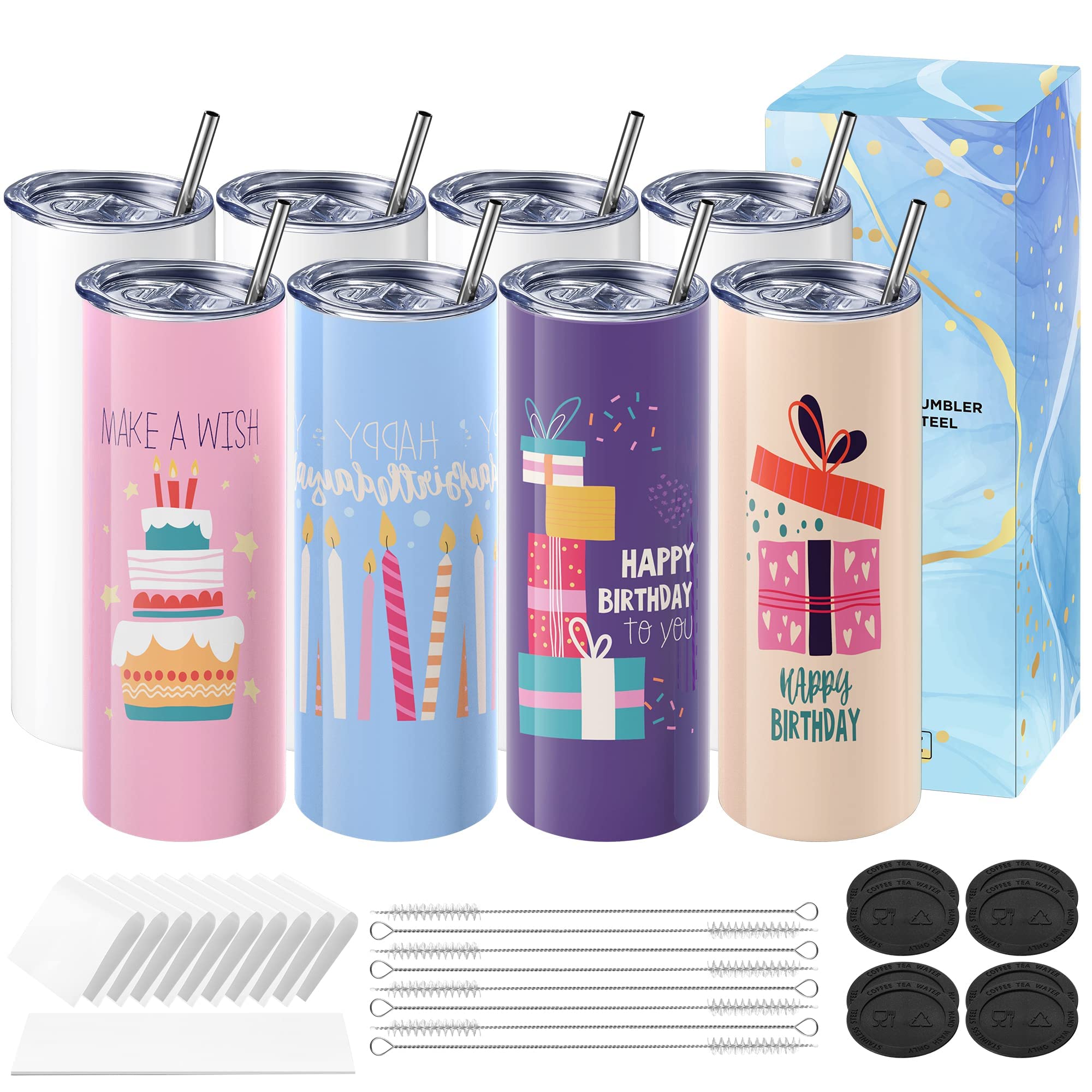 Hiipoo 8 Pack Sublimation Tumblers Blank 20 oz Straight Skinny with Sublimation Papers, Lids and Straws, Shrink Wrap Films, Stainless Steel Double Wall Insulated Tumbler for Mug Press Machine