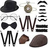 FEYIR 1920s Mens Costume Accessories Fedora Hat Pocket Watch Suspenders Bow Tie Gatsby Cosplay Roaring 20s Outfit for Men