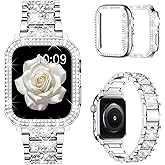 Mosonio Compatible with Apple Watch Band 38mm 40mm 41mm 42mm 44mm 45mm 46mm 49mm with 2 Pack Case Women, Jewelry Replacement Metal Bands Strap with Bling PC Protective Case for iWatch Ultra SE Series 11/10/9/8/7/6/5/4/3/2/1