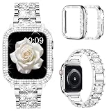 Mosonio Compatible with Apple Watch Band 40mm with Case Women, Jewelry Replacement Metal Wristband Strap with 2 Pack Bling PC Protective Cover for iWatch Series 6/5/4(Silver)