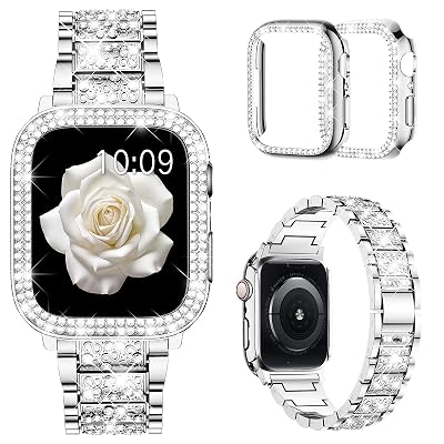 Mosonio Compatible with Apple Watch Band 40mm with Case Women, Jewelry Replacement Metal Wristband Strap with 2 Pack Bling PC Protective Cover for iWatch Series 6/5/4(Silver)